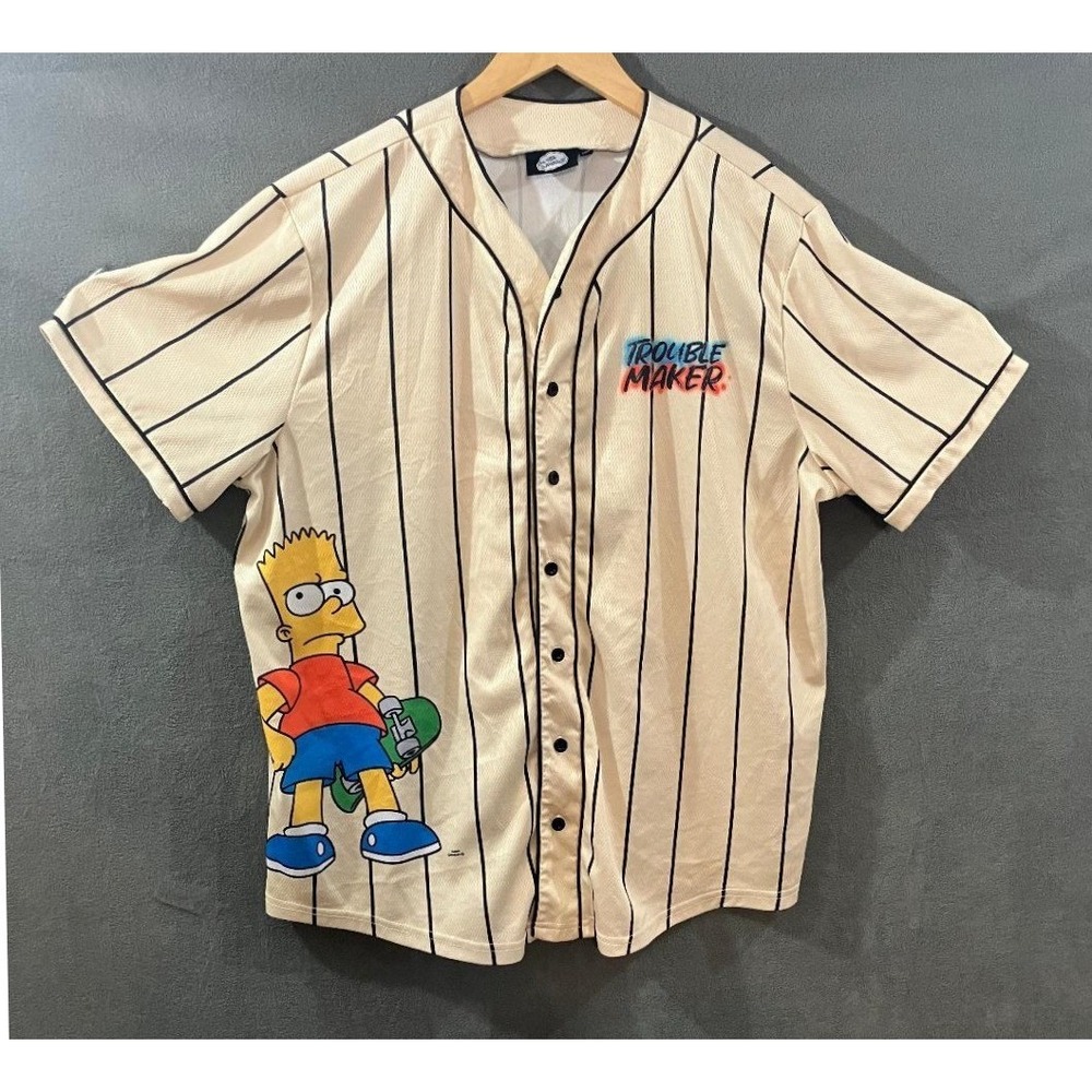 The Simpsons Bart Simpson Baseball Jersey Pinstripe Trouble Maker Cream Mens L